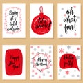 Christmas holidays modern calligraphy set. Hand drawn brush lettering in red, black colors, floral winter wreath, snow flakes, sp Royalty Free Stock Photo