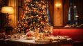 Christmas holidays and New Year celebration, dinner table at a luxury English styled restaurant or hotel interior, Christmas tree Royalty Free Stock Photo