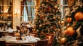 Christmas holidays and New Year celebration, dinner table at a luxury English styled restaurant or hotel interior, Christmas tree Royalty Free Stock Photo