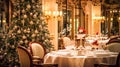 Christmas holidays and New Year celebration, dinner table at a luxury English styled restaurant or hotel interior, Christmas tree Royalty Free Stock Photo