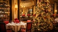 Christmas holidays and New Year celebration, dinner table at a luxury English styled restaurant or hotel interior, Christmas tree Royalty Free Stock Photo