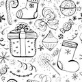 Christmas holidays seamless vector background with gifts, candy, toys, snowflake. Cute Fun seamless background with winter holiday Royalty Free Stock Photo