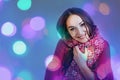 Christmas holidays Smiling girl red scarf shining background new year Royalty Free Stock Photo