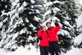 Christmas holidays in the winter forest. Portrait of lovers with skis enjoys winter in the park.