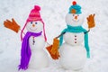 Christmas holidays. Winter and new year. Funny Laughing Surprised snowman Portrait. Two Happy snowman.