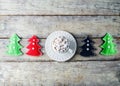 Christmas holidays wood background with Cup of Cocoa with marshmallow and Christmas decoration