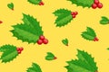 Christmas holly berry seamless vector pattern. Xmas Green and red small plant wrap paper design