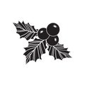 Christmas holly berry vector icon, mistletoe and leaf, black and white ilex branch, xmas plant. Cartoon holiday