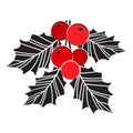 Christmas holly berry vector icon, mistletoe and leaf, red and black ilex branch, xmas plant. Cartoon holiday illustration