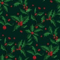 Christmas Holly with berry vector seamless pattern of Christmas plant. Holiday illustration