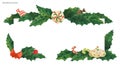 Christmas holly border with candy cane and lollipop and zefir, traced watercolor Royalty Free Stock Photo