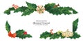 Christmas holly border with candy cane and lollipop and zefir, watercolor illustration Royalty Free Stock Photo