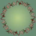 Christmas Holly And Candies Ornamental Wreath. Vector Postcard Template