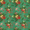 Christmas Holly green pattern with elf stockings and candy canes
