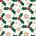 Christmas holly leaves and berries ornate seamless pattern