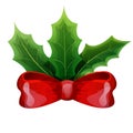 Christmas holly leaves with red bow, winter decoration in cartoon style isolated on white background. Royalty Free Stock Photo
