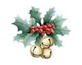 Christmas holly plant with gold jingle belles watercolor illustration. Hand drawn winter holiday season symbols