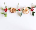 Christmas holly with red berries and dried apple slices. Traditional festive decoration. Holly branch with red berries Royalty Free Stock Photo