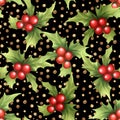 Christmas Holly seamless pattern on black background