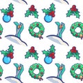 Christmas holly sprig and garland seamless pattern