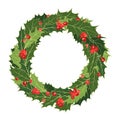 Christmas holly wreath. Holly jolly xmas frame with green leaves and red berries. Winter border holy foliage. Retro design element Royalty Free Stock Photo