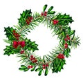 Christmas Holly wreath with red bow isolated watercolor Royalty Free Stock Photo