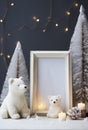 Christmas home decor with candles, figures of bears, empty picture frame and Christmas ornaments on table Royalty Free Stock Photo