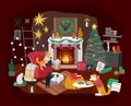 Christmas home decorations with pets. Scandinavian interior with cute cat and dog dressed in Christmas costumes. Cozy