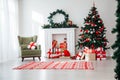 Christmas home interior Christmas tree red gifts new year decor festive background