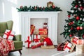 Christmas home interior Christmas tree red gifts new year decor festive background Royalty Free Stock Photo