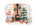 Christmas home interior. Festive living room with Xmas tree, baubles, fir wreaths, fireplace, cozy armchair with plaid