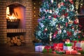 Christmas home interior with tree and fireplace