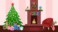 Christmas home interior. Tree with gifts, fireplace and chair in living room Royalty Free Stock Photo