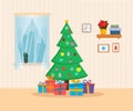Christmas Home interior with tree, presents, window. Flat cartoon style vector illustration. Christmas and New Year card Royalty Free Stock Photo