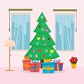 Christmas Home interior with tree, presents, window and lamp. Flat cartoon style vector illustration. Christmas and New Year cards Royalty Free Stock Photo