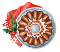 Christmas homebaked dark chocolate bundt cake watercolor