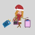 Christmas homecoming. Young girl with suitcases. 3D