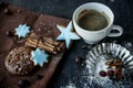 Christmas homemade chocolate chip cookies, cup of coffee. Royalty Free Stock Photo