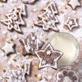 Christmas homemade chocolate cookies decorated with icing and powdered sugar with milk on a wooden background Royalty Free Stock Photo