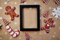 Christmas homemade gingerbread cookies with mock up frame. Homemade baking cookies. Festive aesthetic card. Christmas