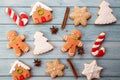 Christmas homemade gingerbread cookies on wooden table. Top view Royalty Free Stock Photo