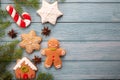 Christmas homemade gingerbread cookies on wooden table. Top view Royalty Free Stock Photo