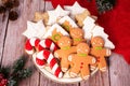 Christmas homemade gingerbread cookies on wooden table. Top view Royalty Free Stock Photo