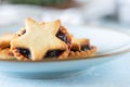 Christmas homemade mince pies on blue ceramic plate Royalty Free Stock Photo