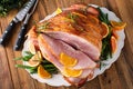 Christmas honey glazed ham served on a plate Royalty Free Stock Photo