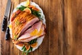 Christmas honey glazed ham served on a plate Royalty Free Stock Photo