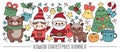 Christmas horizontal banner with cute kawaii characters for kids. Vector Santa Claus standing with deer, elf, bear, tree, present Royalty Free Stock Photo