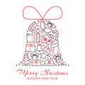 Christmas Horizontal Banner With Tree, Gifts, Decorations In Form Of Bell. Flat Line Art. Vector Illustration.