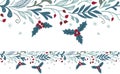 Christmas horizontal border with winter flora. Vector floral template, holiday banner