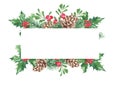 Christmas horizontal frame with winter plants, pine cone and branches, Holly plant with red berries, cowberry Royalty Free Stock Photo